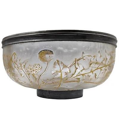 Antique Victor Saglier Footed Silver Rimmed Acid Etched Salad Bowl Gold Flowers  • $649.99