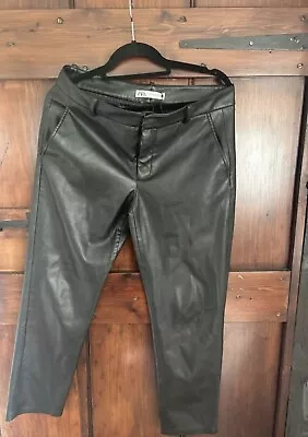 Zara Black Fleather Faux Leather Trousers Size 12  • £9.99