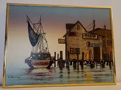 Signed H Hargrove Framed Serigraph Painting FISHING BOATS MARINE Numbered 242364 • $76.50