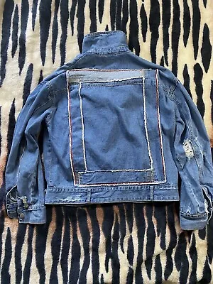 Jules Vault Cross Zip Distressed Denim Jean Jacket Women’s Size Medium 20pit2pit • $11.34