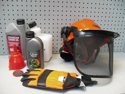 6 Piece Chainsaw Starter Kit - Helmet Gloves Oils Funnel And Mixing Bottle • £49.95