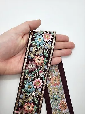 Brown Embroidered Floral Indian Fancy Sari Fabric Decorative Trim 50mm 1 M • £3.50