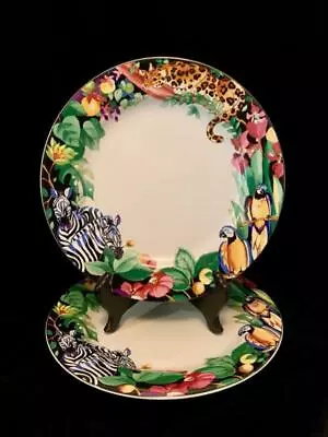 (2) Vitromaster Rain Forest 10-1/2  Dinner Plates~bright Colors~zebra~zipkin~exc • $42.91