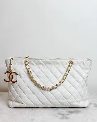 Authentic Chanel Vintage White Leather Gold Chain Tote Bag • $3033.99