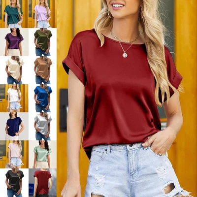 $24.80 • Buy Womens Satin Silk Short Sleeve T Shirt Tops Ladies Casual Baggy Solid Tunic Tee