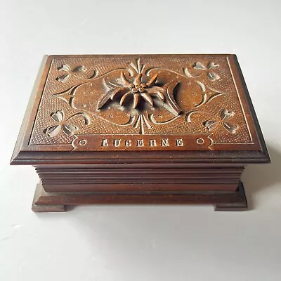 Lucerne Swiss Wooden Box Casket Hinged Jewellery Trinket Lid Case Vintage • £14.99