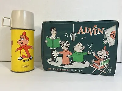 Alvin And The Chipmunks Vintage 1963 Green Vinyl Lunchbox Kit & Thermos. • $150