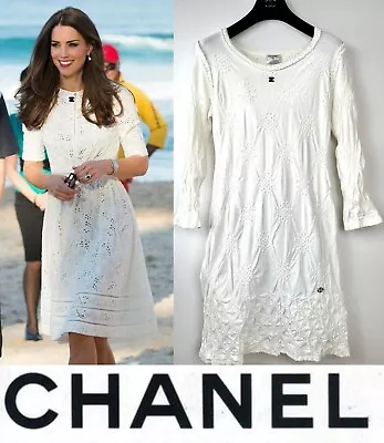 5K Chanel Vintage 2011 White Crochet Knit Shirt Dress 36 38 40 4 6 8 CC Logo S M • $949