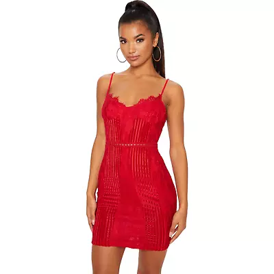 PrettyLittleThing | Size 8 | Red Strappy Lace Velvet Insert Bodycon Mini Dress • $28