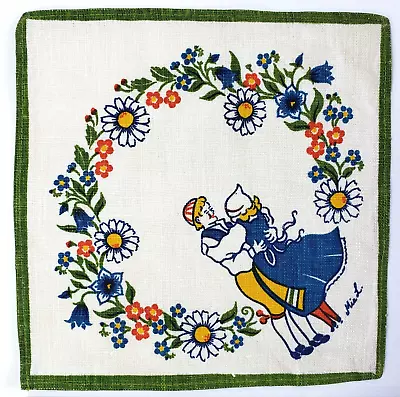 Vintage 1970s Sweden Linen Print Napkin By Mia L Swedish Folk Dancers 8.5 X 8.5 • $10