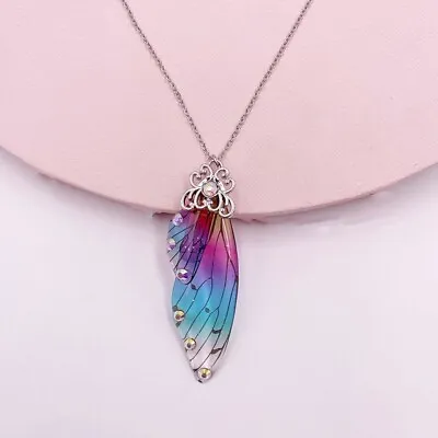 Fairy Silver Pendant Resin Rainbow Butterfly Wing Necklace Wedding Jewelry Gift • $1.66