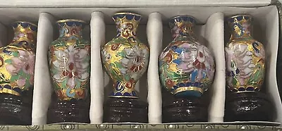 5 Chinese Cloisonne Vase  Miniature Set Wood Base Stands Enamel Vtg Antique • $95