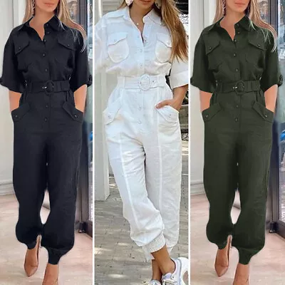 UK Women V Neck 3/4 Sleeve Casual Jumpsuits Playsuits Cargo Pockets Long Pants • £23.74