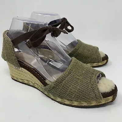 UGG AUSTRALIA 1652 Mar Espadrille Ankle Tie Wedge Woven Green Sandals Size 8 • $25