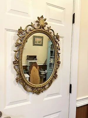 Vtg Gold Ornate Oval Wall Mirror French Country Farmhouse Flowers • $250