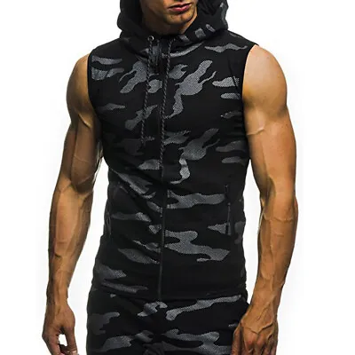 Men's Workout Hoodie Tank Tops Bodybuilding Muscle Cut-Off T-Shirt Sleeveless ❀ • $14.36