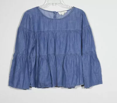 Madewell Chambray Tiered Ruffled Button Back Top 3/4 Sleeves Sz XL • $22.99