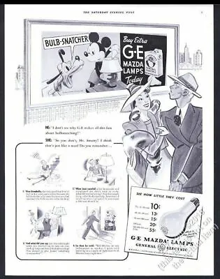1941 Walt Disney Mickey Mouse Pluto Art G.E. Mazda Light Bulbs Vintage Print Ad • $29.97