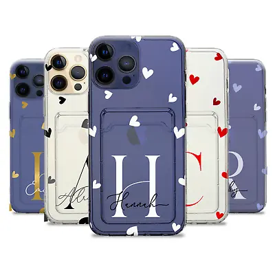 Personalised Phone Case Card Slot Hearts Name Silicone Cover For IPhone 14 13 15 • £6.29