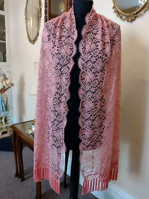 Beautiful Vintage Pink Lace Shawl With Scalloped Edges And Fringes 190 X 65 Cm • £16.95