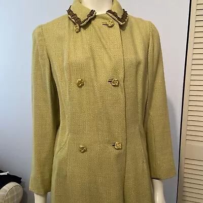 Vintage Womens Green Double Breasted Coat Embroidered Collar Lined Sz M • $48