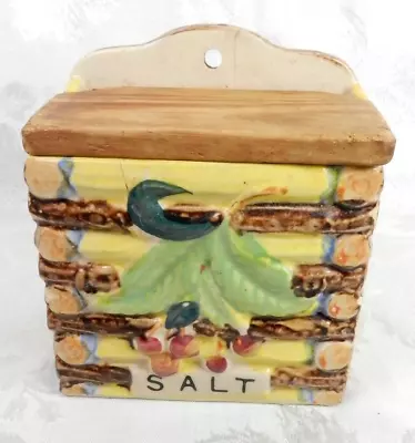 Vintage Japan Ceramic Salt Box Cellar Wood Lid Wall Mount Hand Painted • $29.99