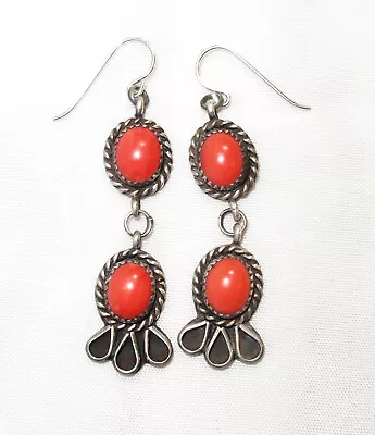 Navajo Sterling Silver Coral Vintage Dangle Earrings • $89