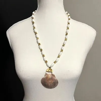 Vintage White Bead Necklace Gold Tone Spacers Mermaid Shell Pendant 31  Necklace • $18.99