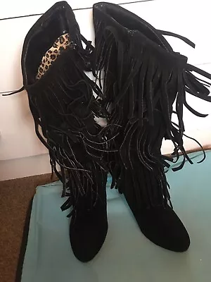 Women’s Black Tassel Knee Length High Heeled Boots Size 5 • £10