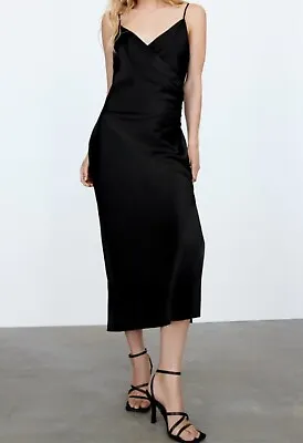 Zara DRAPED Satin DRESS In Black XS • £13.50