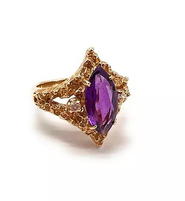 Genuine 14k Yellow Gold Ring Marquis Amethyst Size 5 Diamond Chips Unbranded • $219.99