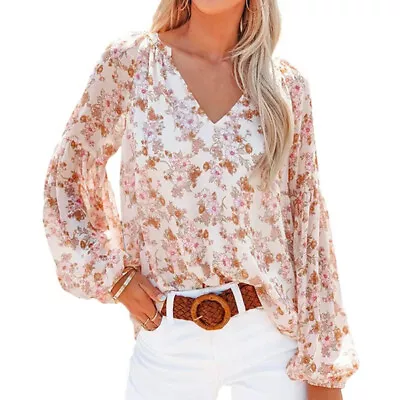 Loose Party Office Soft Long Sleeves V Neck Daily Women Blouse Floral Print • $26.80