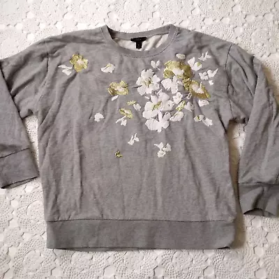 J. Crew Sweatshirt Pull On Heathered Gray Floral Embroidery Ivory Gold XL Women • $19.99