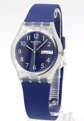 New Swiss Swatch MONTHLY DROPS RINSE REPEAT NAVY Day-Date Watch 34mm GE725 $75 • $61.50