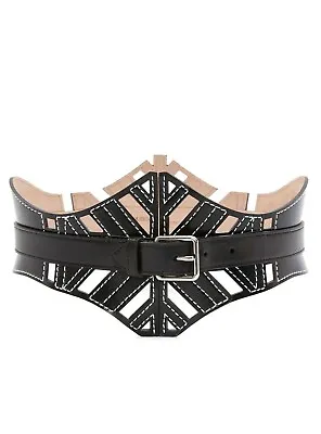 70/28 $1190 ALEXANDER MCQUEEN Black Leather CUT OUT CORSET Wide Waist BELT • $399