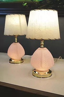 Pair Of Mid Century Modern Pink Bed Side Table Lamp W/ Fiberglass Shades • $179.99