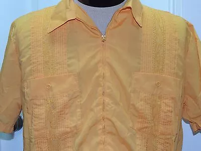 Men's L Guayabera Mexican Wedding Shirt Light Orange Embroidered Zipper Poly-Bln • $16.99