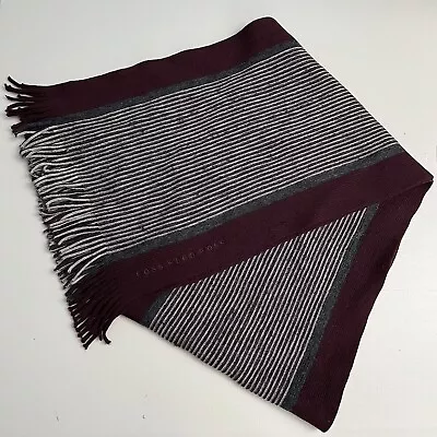 Hugo Boss Scarf Mens Red Gray Stripes Fringe Trim Preppy Classic Business • $18.87