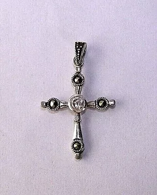 Vintage Sterling Silver Cross Pendant Rhinestone & Marcasite • $27.84