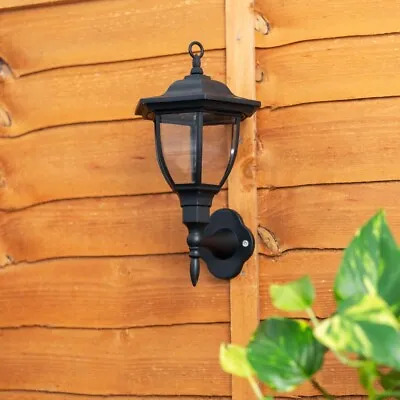 2x Black Traditional Lantern Solar Wall Lights Outdoor Garden Fence Lighting • £14.99