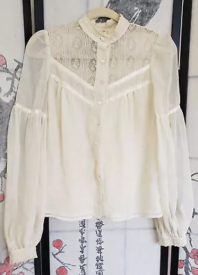 VTG 70's Cream Ivory Gunnie Sax Blouse Victorian Edwardian Lace Ribbon Sz 9 Rare • £68.12