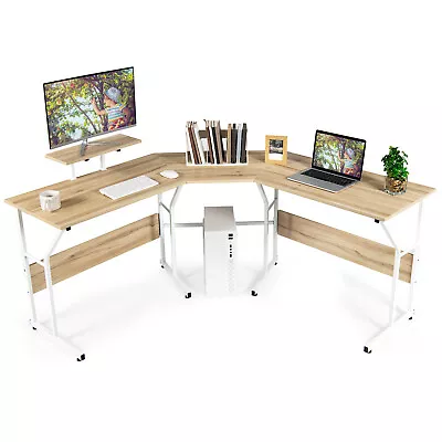 88.5  L Shaped Reversible Computer Desk 2 Person Long Table Monitor Stand Oak • $99.98