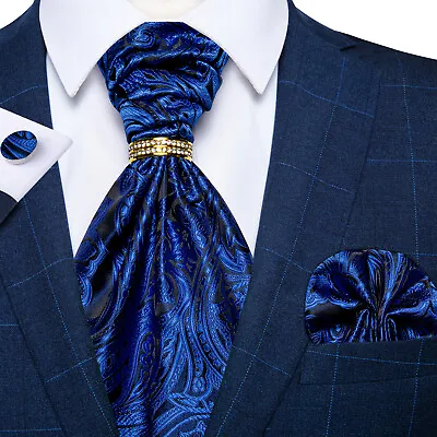 Mens Silk Ascot Cravat Tie Blue Paisley Cufflink Pocket Square Set Wedding Ring • $10.82