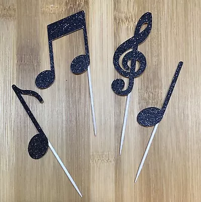 Musical Note Cupcake Cake Topper Decoration - Black Glitter ~ Set Of 12 • £4.50