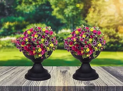 2 Black Grecian Urn Patio Planters Plastic Garden Plant Pot Flower Bowl 42cm • £12.69