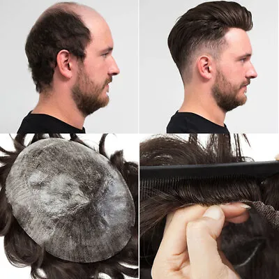 Mens Human Hair Replacement System Ultra Thin Skin Hairpiece PU Toupee Full Head • £138.94