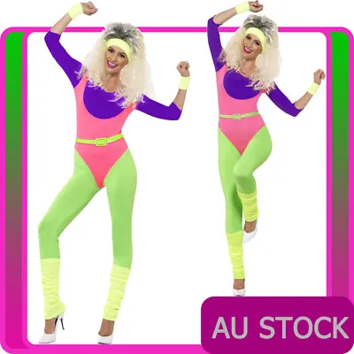 Ladies 80s Aerobics Workout Costume Retro Gym Work Out Physical Fitness Bodysuit • $54.14