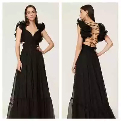 MAC DUGGAL Black Ruffle Tiered Cut Out Chiffon Gown Dress Size 4 Style 67911 • $125