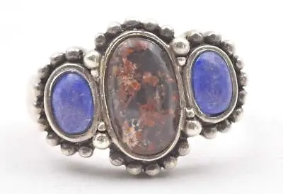 Vintage 925 Sterling Silver 3 Stone Agate & Blue Lapis Unisex Ring Size 8 • $22.56