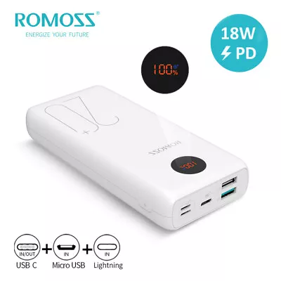 $49.99 • Buy ROMOSS Type-C Power Bank 20000mAh 3USB 18W Fast Charge PD QC3.0 Battery Charger